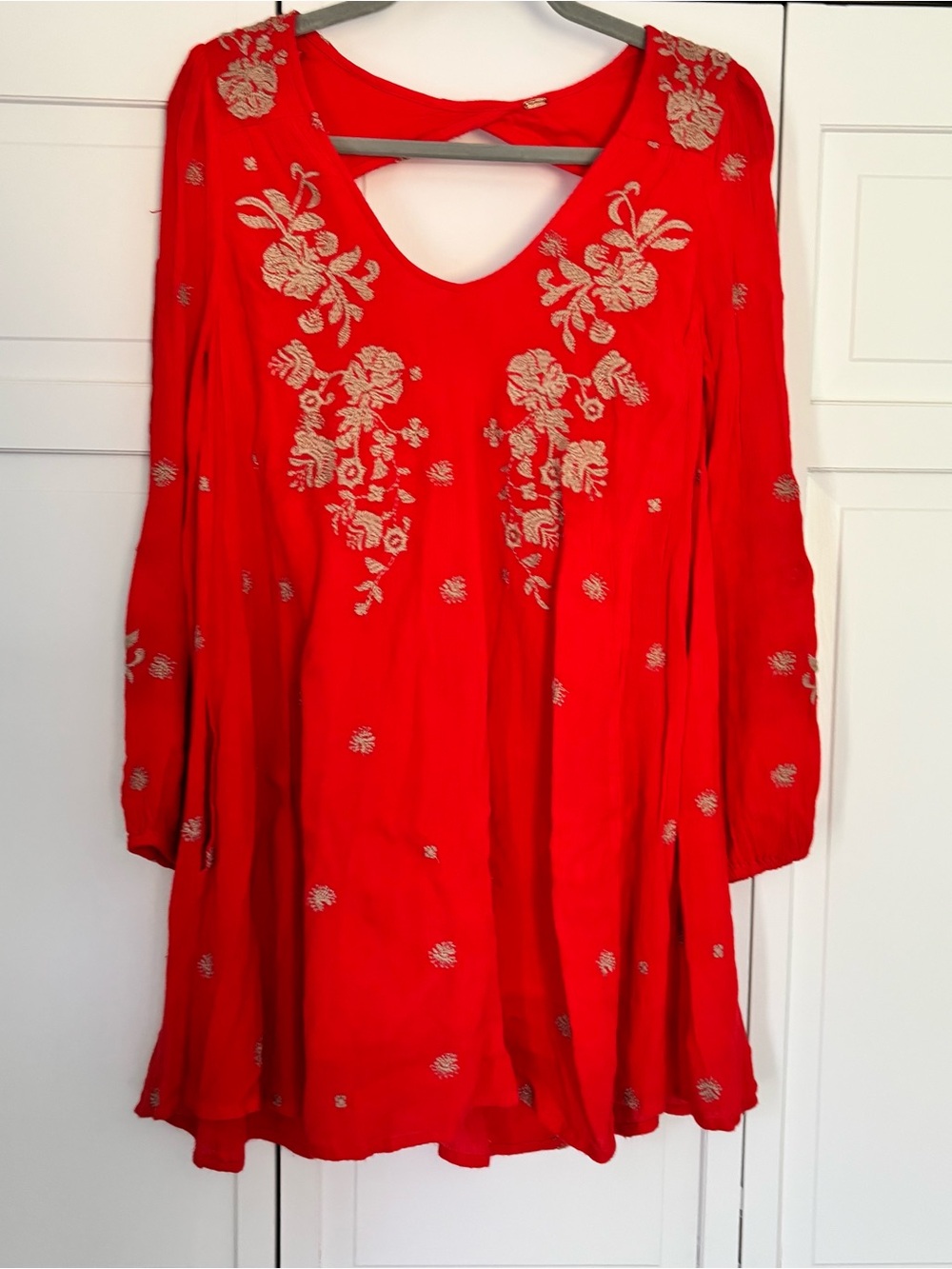 Free People Red Mini Tunic Dress with Tan Embroidery
